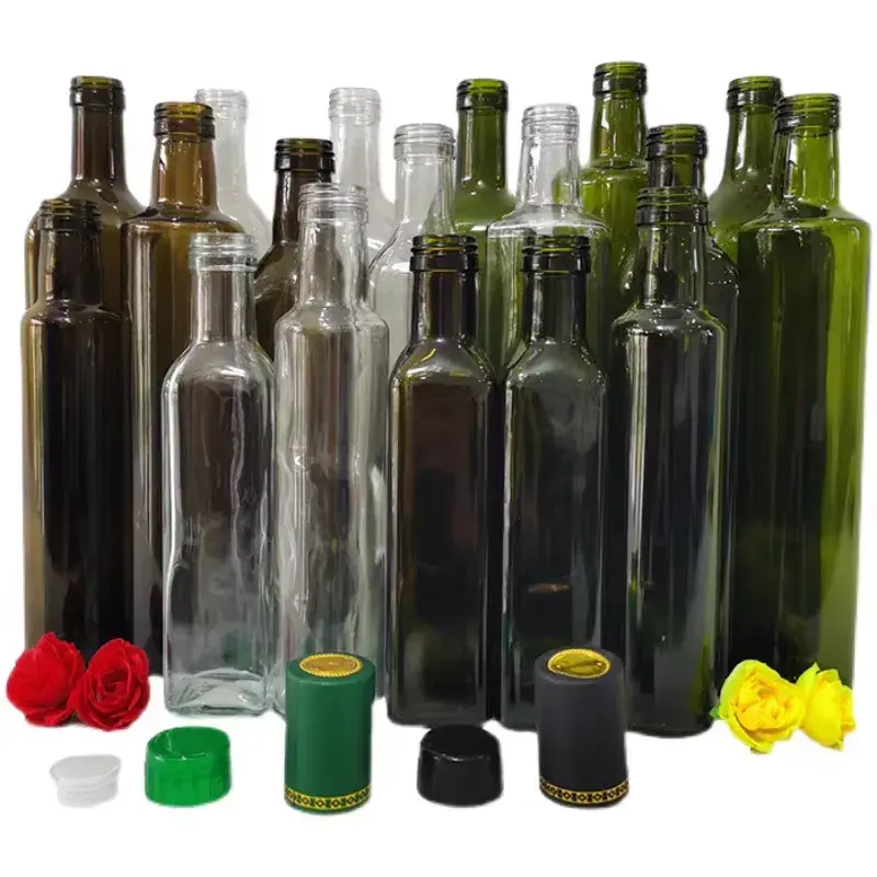 Bulk Sesame Oil Bottle 250ml 500ml Stocked Empty Square Round Amber Green Clear Glass Bottle Olive Oil Bottle With Pourer